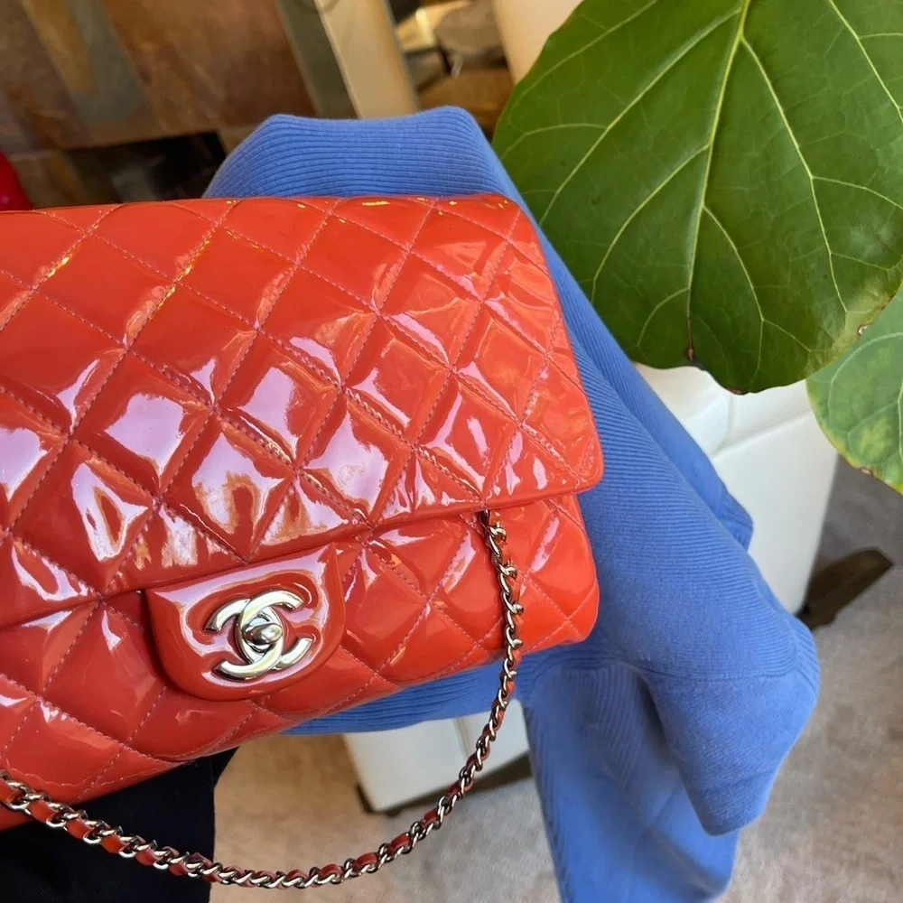 Gorgeous Chanel CC Quilted Patent Flap Clutch Chain Orange Silver Shoulder Bag